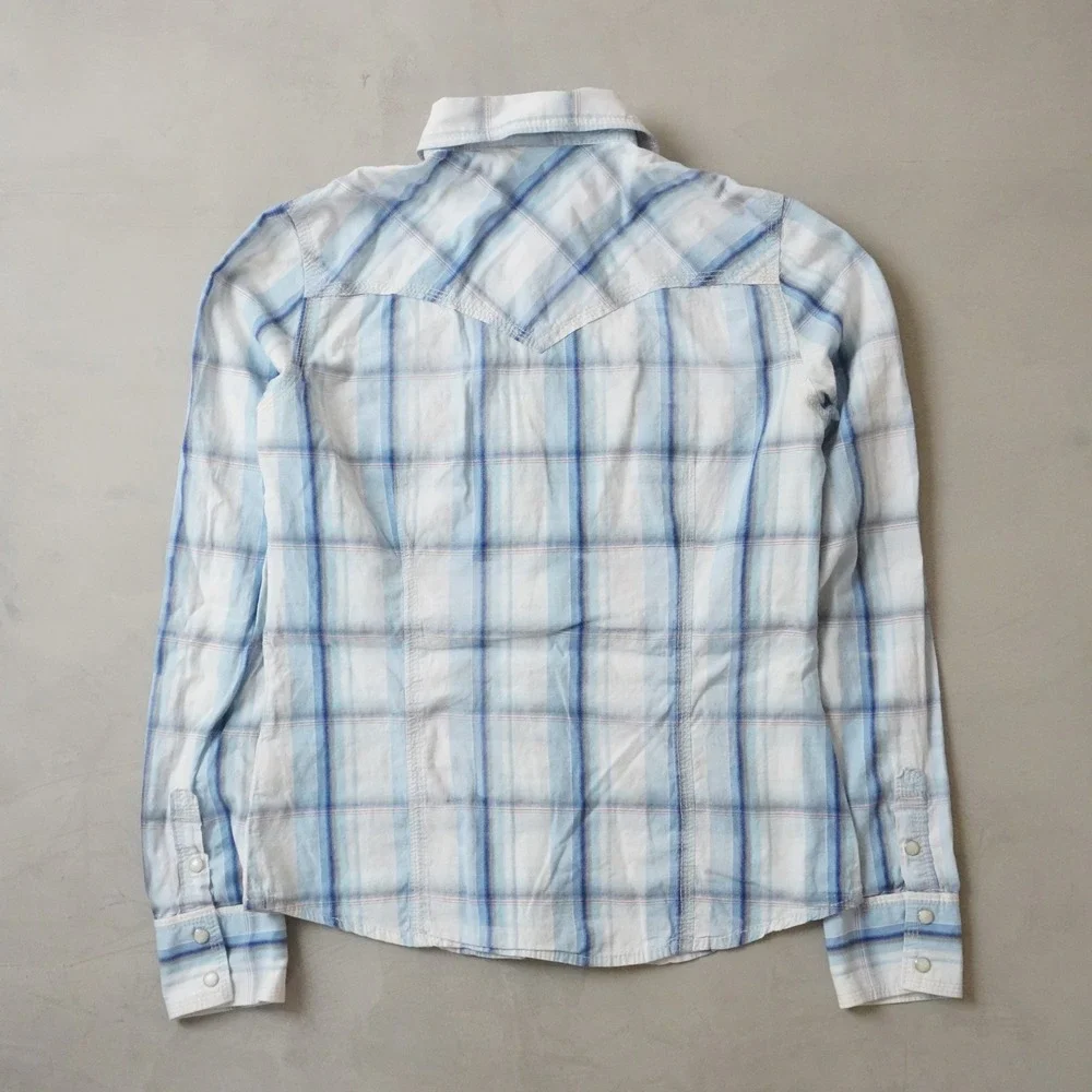 True Religion Western Pearl Snap Shirt Medium Mens Blue White Plaid Cowboy Yoke